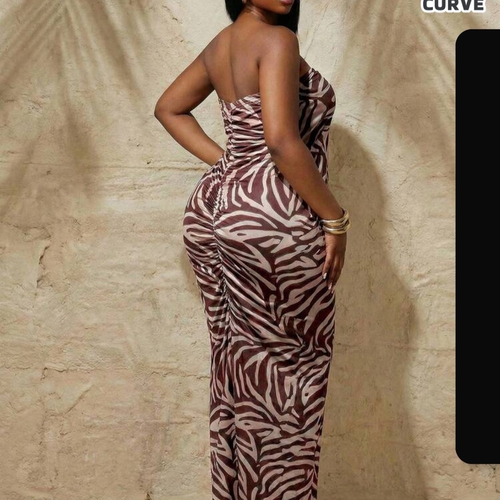 SHEIN Strapless Zebra-Print Maxi Dress in Brown & Cream - Picture 3 of 6